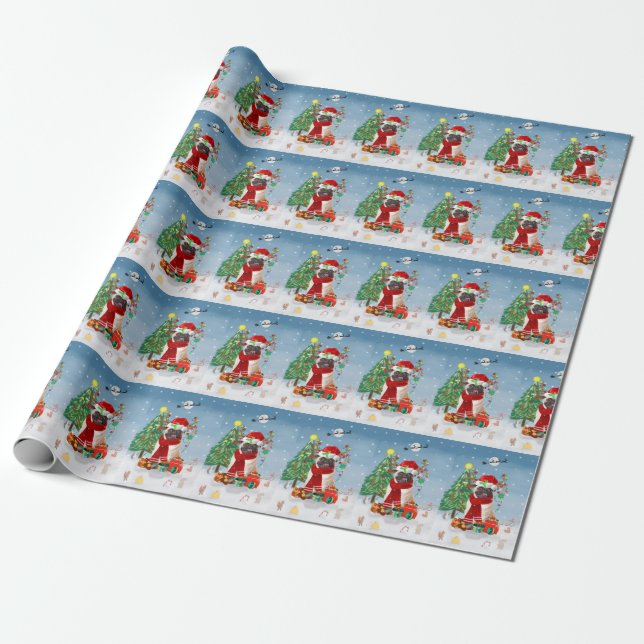 Papier Cadeau Chien carlin en neige avec cadeaux de Noël (Déroulé)