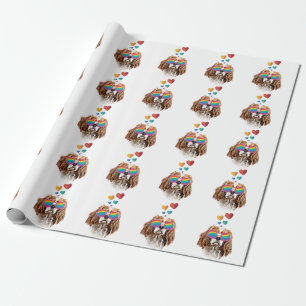 Papier Cadeau Chien Cavalier King avec coeurs Saint-Valentin