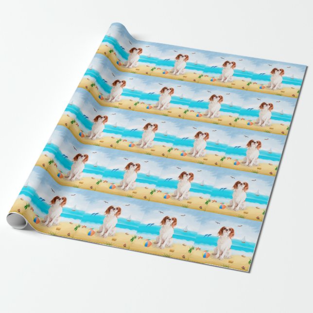 Papier Cadeau Chien Cavalier King sur la plage (Déroulé)