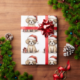 Papier Cadeau Chien chiot mignon portant un chapeau de Père Noël