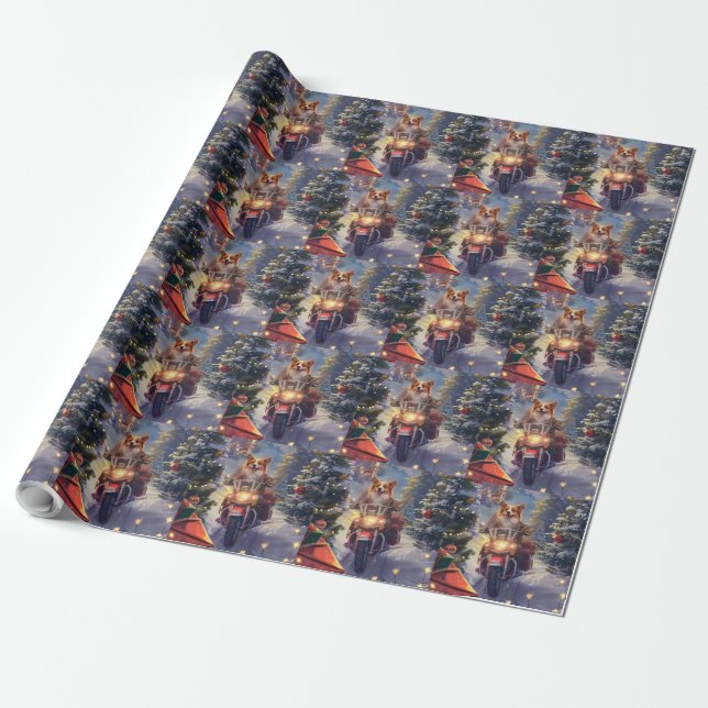 Papier Cadeau Chien Corgi à Vélo à Noël (Déroulé)