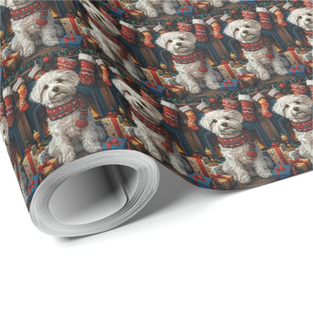 Papier Cadeau Chien Coton De Tulear avec cheminée de cadeaux de  (Coin rond)