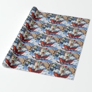 Papier Cadeau Chien Coton de Tulear Fluffy Luge de Noël Vintage