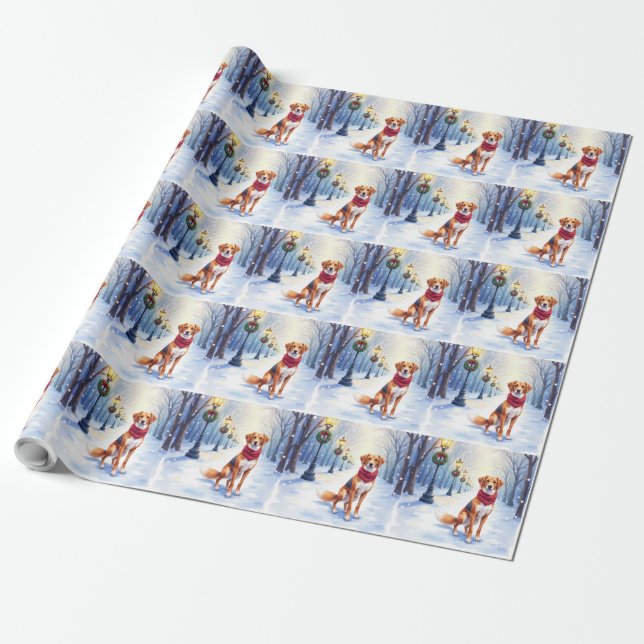 Papier Cadeau Chien courant américain aquarelle Lampe enneigée (Déroulé)