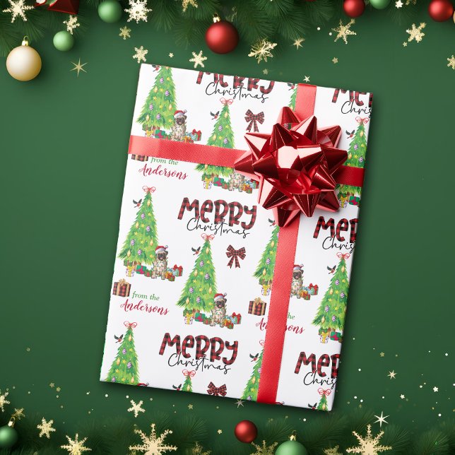 Papier Cadeau Chien de carlin, Oiseau et Arbre de Noël (Créateur téléchargé)