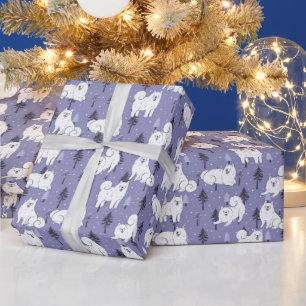Papier Cadeau Chien de compagnie Samoyède avec neige sur fond de