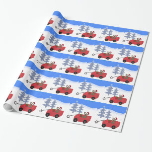 Papier Cadeau Chien de dessin animé dans un chariot rouge