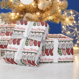 Papier Cadeau Chien de Noël Chiots mignons dans des chaussettes 