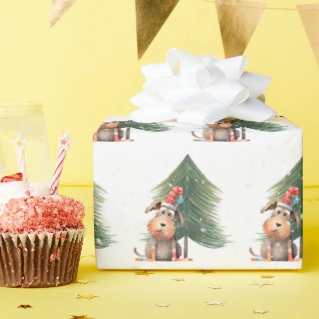 Papier Cadeau Chien de Noël et pin dans les flocons de neige (Fête d'anniversaire)