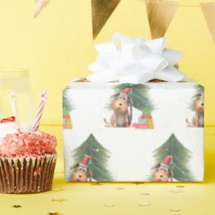 Papier Cadeau Chien de Noël et Pin Tree dans les flocons de neig