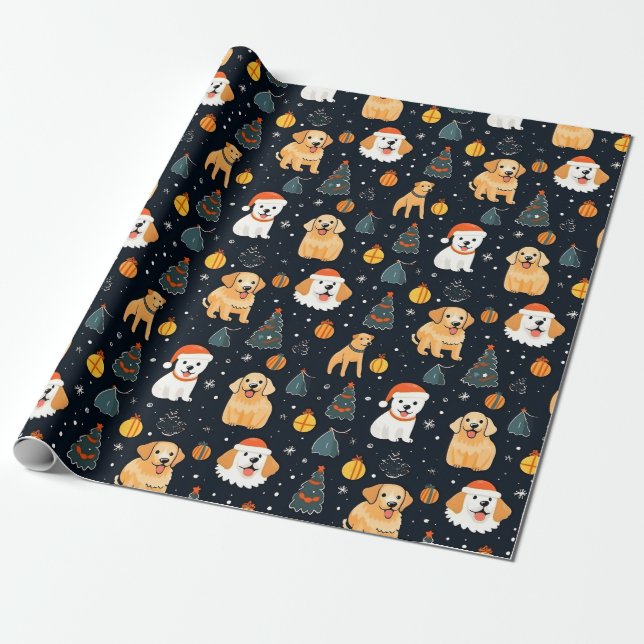 Papier Cadeau chien de noël vacances Noël arbre motif (Déroulé)