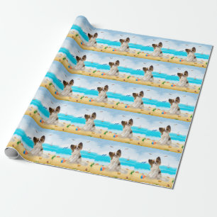 Papier Cadeau Chien de Papillon sur la plage