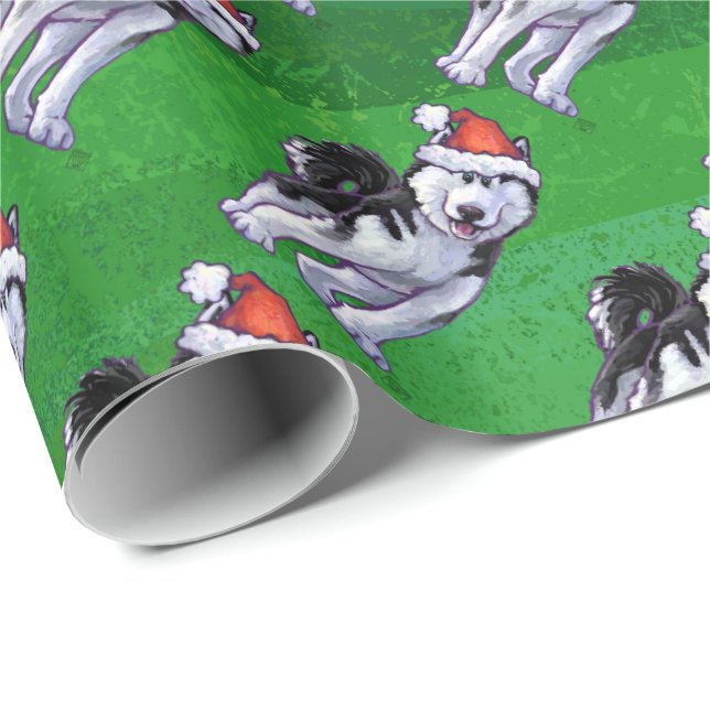 Papier Cadeau Chien de traîneau de fête dans le casquette de (Coin rond)