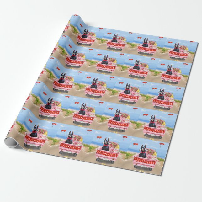 Papier Cadeau Chien Doberman Saint-Valentin Camion Cœurs (Déroulé)