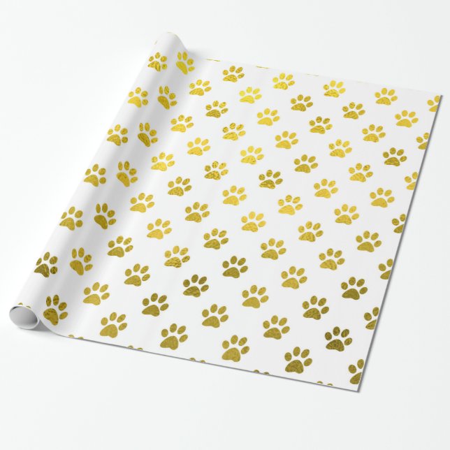 Papier Cadeau Chien Empreinte de patte Gold White Métallo Faux F (Déroulé)