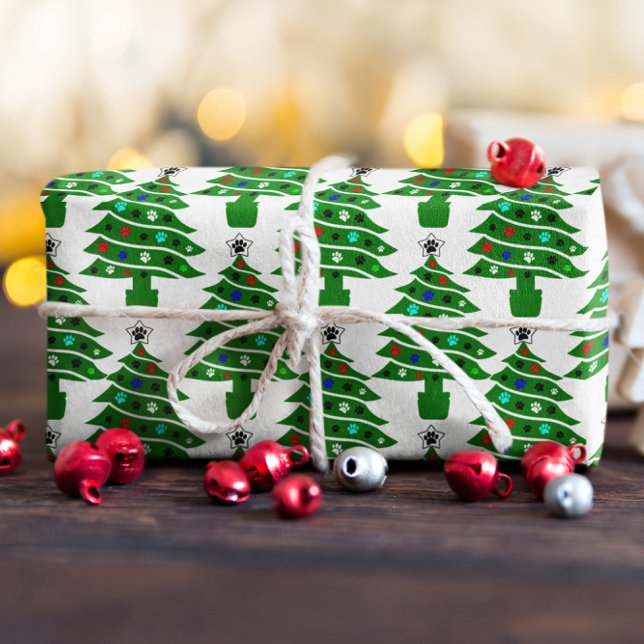 Papier Cadeau Chien Empreinte de patte Green Christmas Tree avec (Créateur téléchargé)