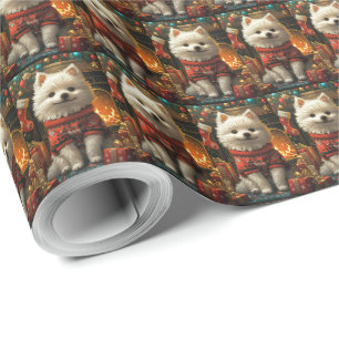 Papier Cadeau Chien Esquimau Américain avec des cadeaux de Noël