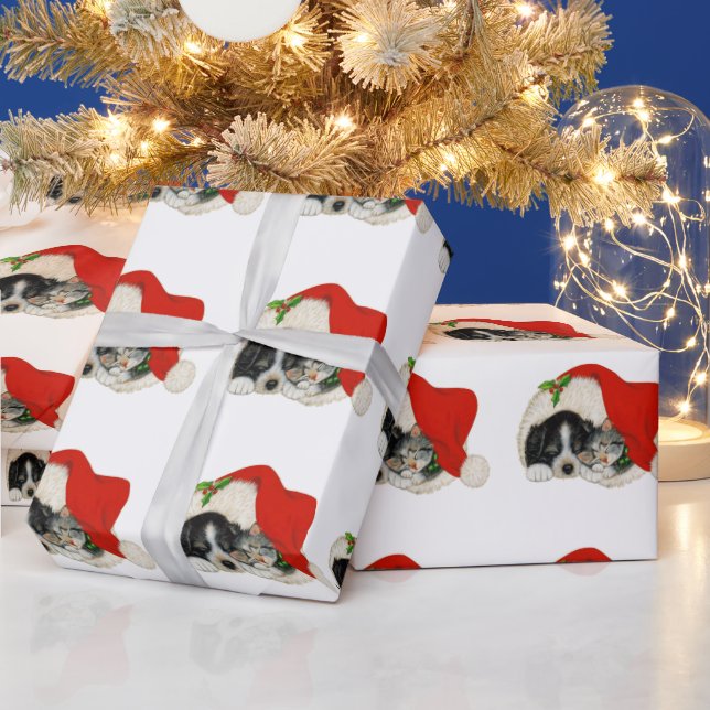 Papier Cadeau Chien Et Chat De Noël Dans Un Chapeau De Père Noël (Vacances)