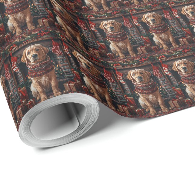 Papier Cadeau Chien Labrador avec des cadeaux de Noël Cheminée (Coin rond)