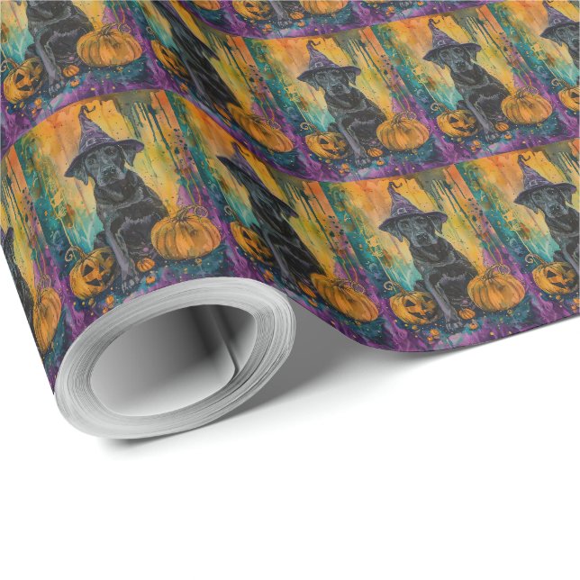 Papier Cadeau Chien Labrador Effrayant Halloween Sorcière Et Cit (Coin rond)