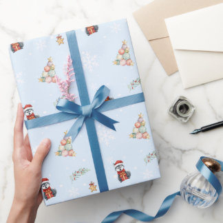 Papier Cadeau Chien loup aquarelle de Noël amusant fête de Noël