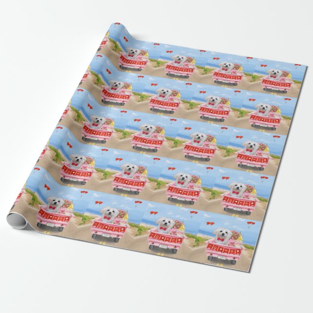Papier Cadeau Chien maltais camion de la Saint-Valentin  (Déroulé)