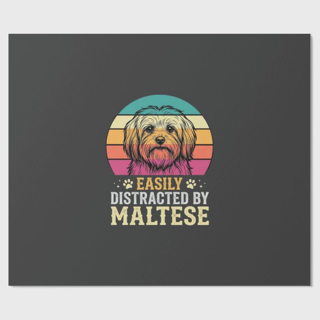 Papier Cadeau Chien maltais rétro coucher de soleil distrait (Plat)