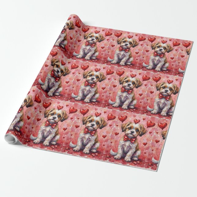 Papier Cadeau Chien Malti Tzu de la Saint-Valentin assis avec de (Déroulé)