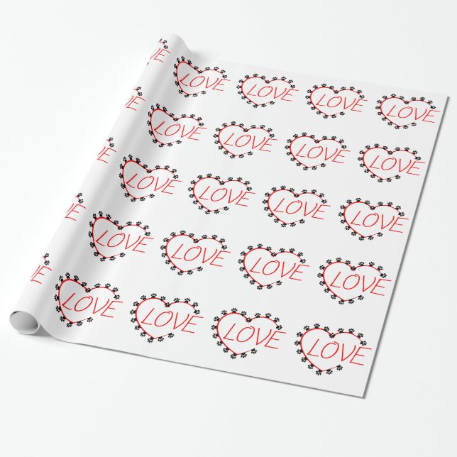 Papier Cadeau Chien Paws Red Heart Love (Déroulé)
