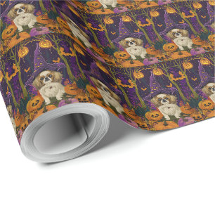 Papier Cadeau Chien Pékin Spooky Halloween Sorcière et Citrouill