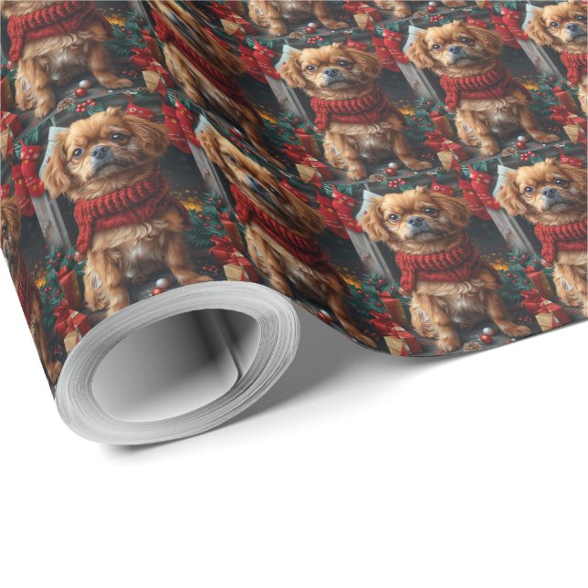 Papier Cadeau Chien Pekingese Avec Les Cadeaux De Noël Cheminée (Coin rond)
