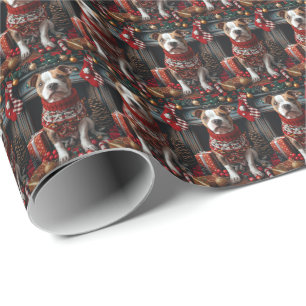 Papier Cadeau Chien Pitbull avec des cadeaux de Noël Cheminée