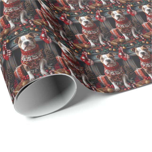 Papier Cadeau Chien Pitbull avec des cadeaux de Noël Cheminée (Coin rond)