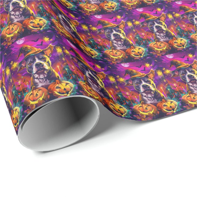 Papier Cadeau Chien Pitbull Effrayant Sorcière d'Halloween et Ci (Coin rond)