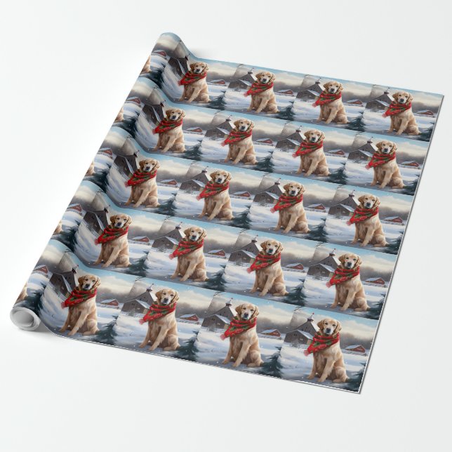 Papier Cadeau Chien Retriever doré dans la neige Noël (Déroulé)