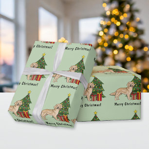 Papier Cadeau Chien Retriever Doré Jaune Et Sapin De Noël