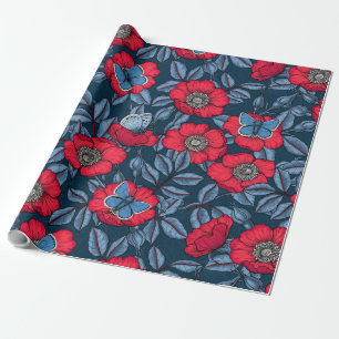 Papier Cadeau Chien rose et papillons en bleu et rouge