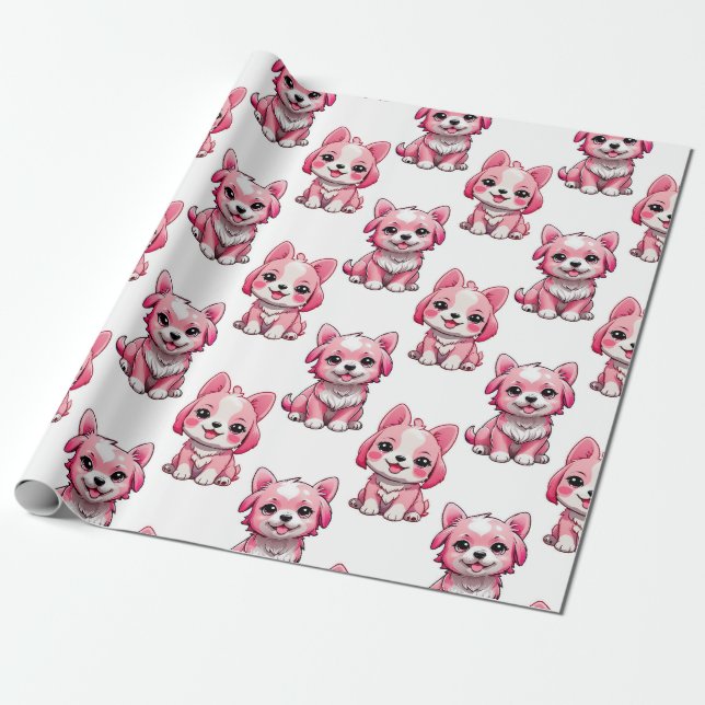 Papier Cadeau Chien rose Motif design - blanc (Déroulé)
