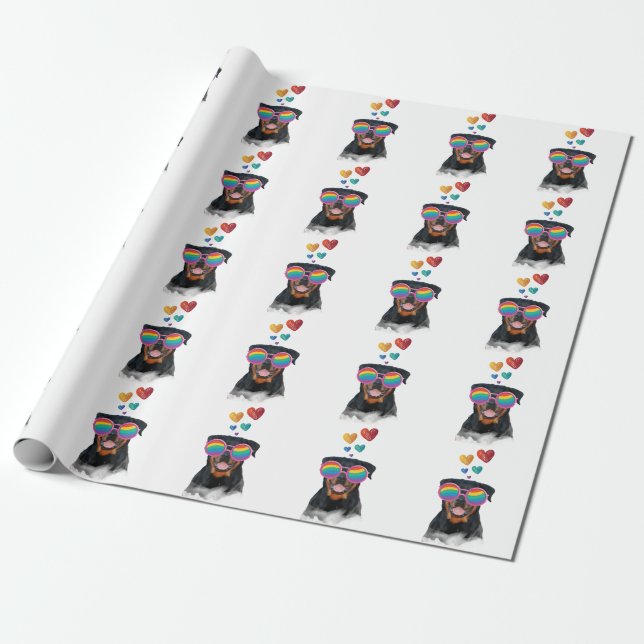 Papier Cadeau Chien Rottweiler avec coeurs Saint-Valentin (Déroulé)