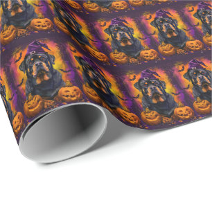 Papier Cadeau Chien Rottweiler Effrayant Halloween Sorcière Et C