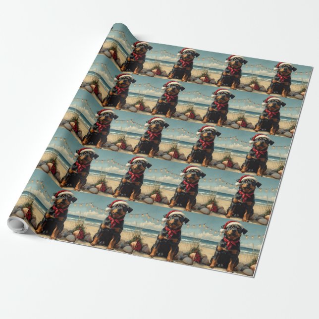Papier Cadeau Chien Rottweiler Noël Vintage Plage (Déroulé)