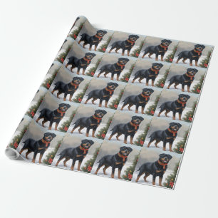 Papier Cadeau Chien Rottweiler pendant Noël de neige