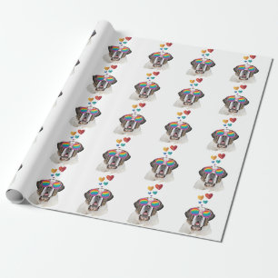 Papier Cadeau Chien Saint-Bernard avec coeurs Saint-Valentin