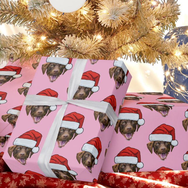Papier Cadeau Chien Santa Hat | Photo personnalisée Pink Noël (Créateur téléchargé)