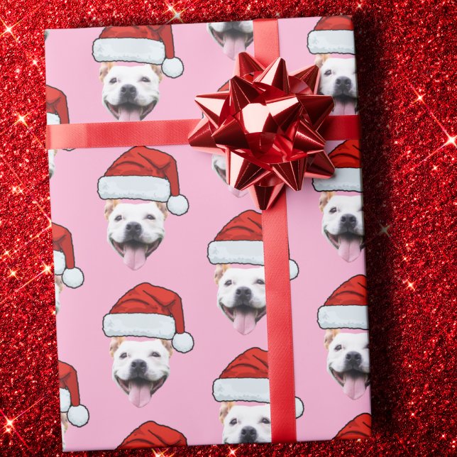 Papier Cadeau Chien Santa Hat | Photo personnalisée Pink Noël (Créateur téléchargé)