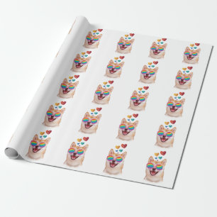 Papier Cadeau Chien Shiba Inu avec coeurs Saint-Valentin