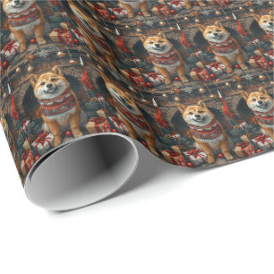 Papier Cadeau Chien Shiba Inu avec des cadeaux de Noël Cheminée