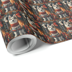 Papier Cadeau Chien Sibérien Husky Avec Cheminée De Noël