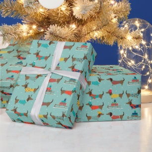 Papier Cadeau Chien Teckel de Noël au chapeau de renne portant u