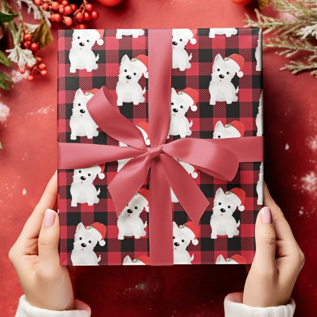 Papier Cadeau Chien West Highland avec chapeau de Santa Buffalo  (West Highland Dog With Santa Hat Buffalo Plaid Wrapping Paper)
